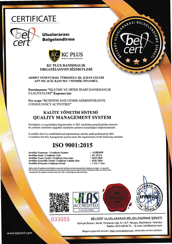 ISO 9001 Kalite Yönetim Sistemi Belgesi belgesi