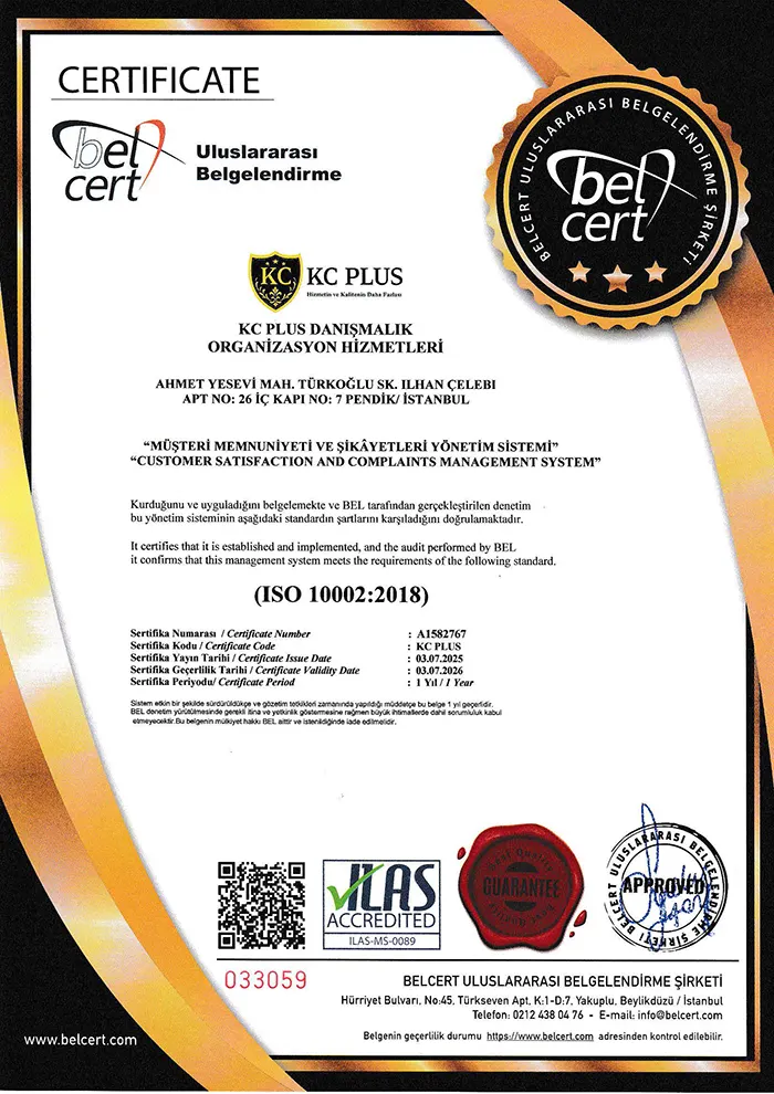 ISO 10002 Müşteri Memnuniyeti ve Şikayetleri Yönetim Sistemi belgesi